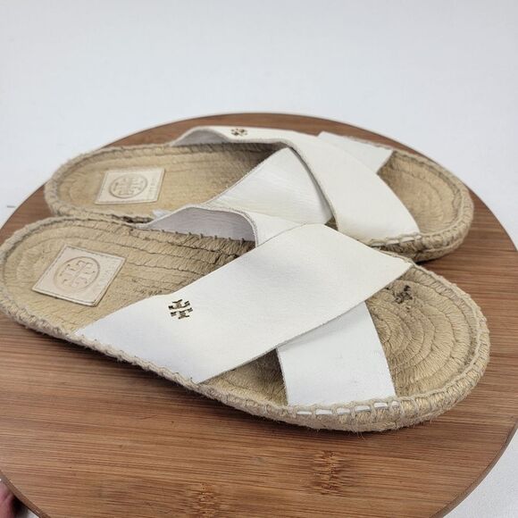 Tory Burch Bima White Leather Espadrille Slide Flats Womens Size 10 Beach - Picture 6 of 13